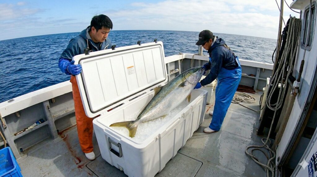 ブリをクーラーボックスに入れている画像
