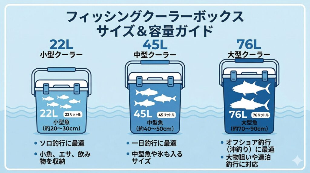クーラーボックスのサイズ・容量の簡易説明画像