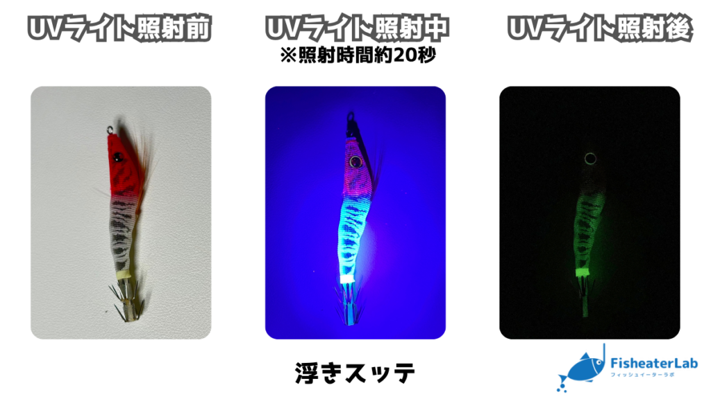 浮きスッテのグローをUVライト照射前・照射中・照射後で比較した画像