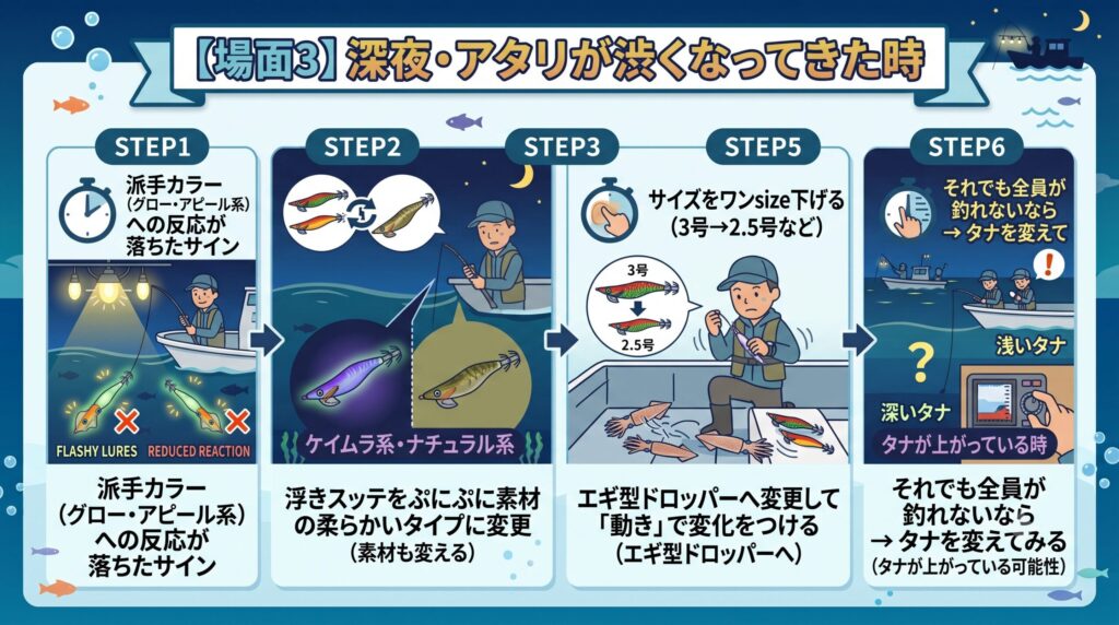 (シーン3)イカメタルでの時間帯別アタリスッテの探し方