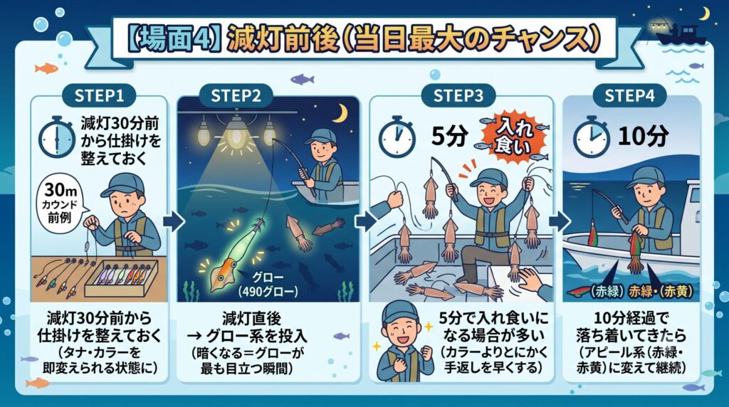 (シーン4)イカメタルでの時間帯別アタリスッテの探し方