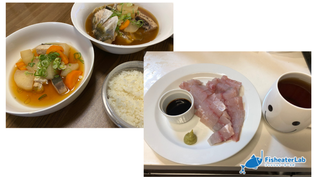ブリを釣った後の自宅での料理をした時の写真