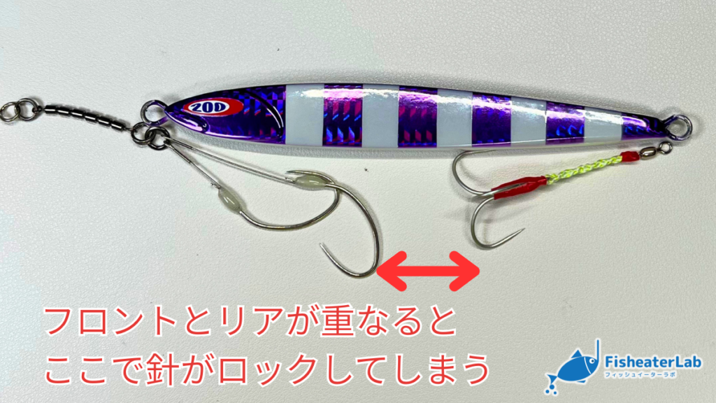 タチウオジギングでフロントフックとリアが重なると針がロックしてしまうことを説明している写真