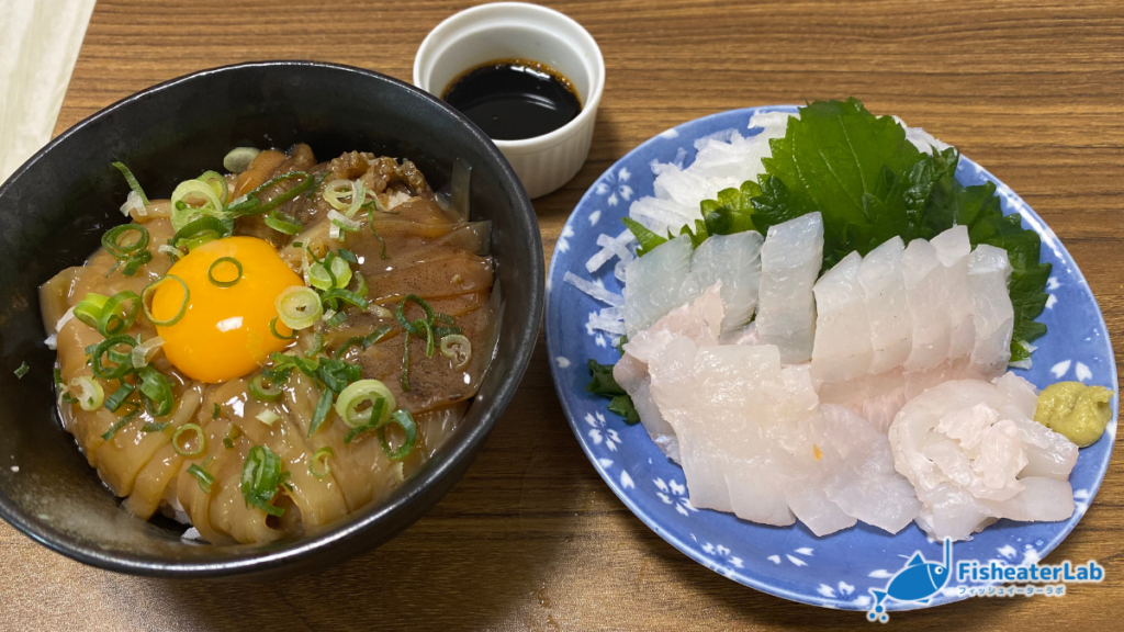 ケンサキイカの沖漬けをのせた丼