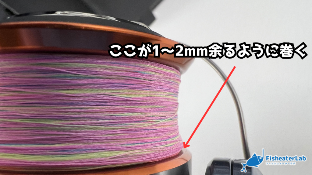 リールに下糸とPEを巻き終え、スプールのどこまで巻くかを表したところ